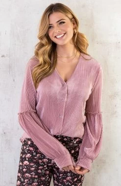 Plisse Blouse Met Ruches Mouw Dust Roze -Kleding Promotie Winkel Plisse Blouse Met Ruches Mouw Dust Roze 1 586x900 2