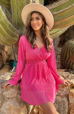 Plisse Laagjes Jurk Fuchsia