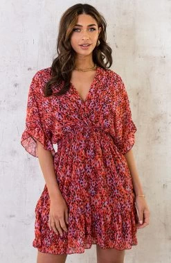 Print Jurk Ruffle Mouw Roze Rood Lila -Kleding Promotie Winkel Print Jurk Ruffle Mouw Roze Rood Lila 3 586x900 2