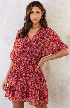 Print Jurk Ruffle Mouw Roze Rood Lila -Kleding Promotie Winkel Print Jurk Ruffle Mouw Roze Rood Lila 4 586x900 2