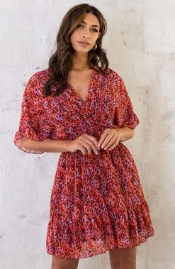 Print Jurk Ruffle Mouw Roze Rood Lila -Kleding Promotie Winkel Print Jurk Ruffle Mouw Roze Rood Lila 6 586x900 1