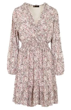 Ruches Jurk Bloemen Beige Dust Roze -Kleding Promotie Winkel Ruches Jurk Bloemen Beige Dust Roze 586x900 1