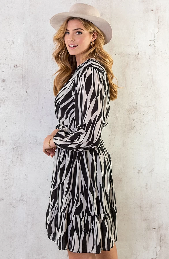 Ruches Jurk Zebra Zwart Beige 5 Ruches Jurk Zebra Zwart Beige - Afbeelding 3