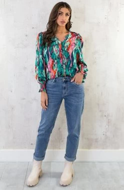 Ruches Print Blouse Groen Roze -Kleding Promotie Winkel Ruches Print Blouse Groen Roze 1 586x900 1