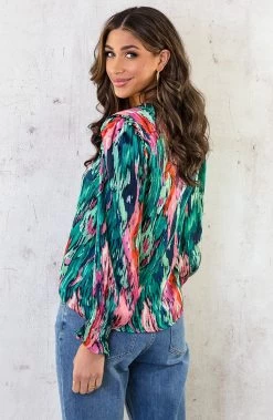 Ruches Print Blouse Groen Roze -Kleding Promotie Winkel Ruches Print Blouse Groen Roze 2 586x900 1