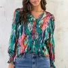Ruches Print Blouse Groen Roze -Kleding Promotie Winkel Ruches Print Blouse Groen Roze 3 586x900 1