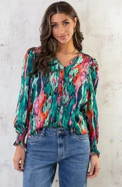 Ruches Print Blouse Groen Roze