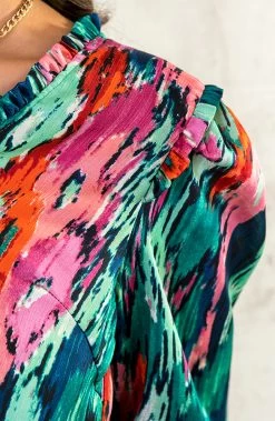 Ruches Print Blouse Groen Roze -Kleding Promotie Winkel Ruches Print Blouse Roze Groen 586x900 1