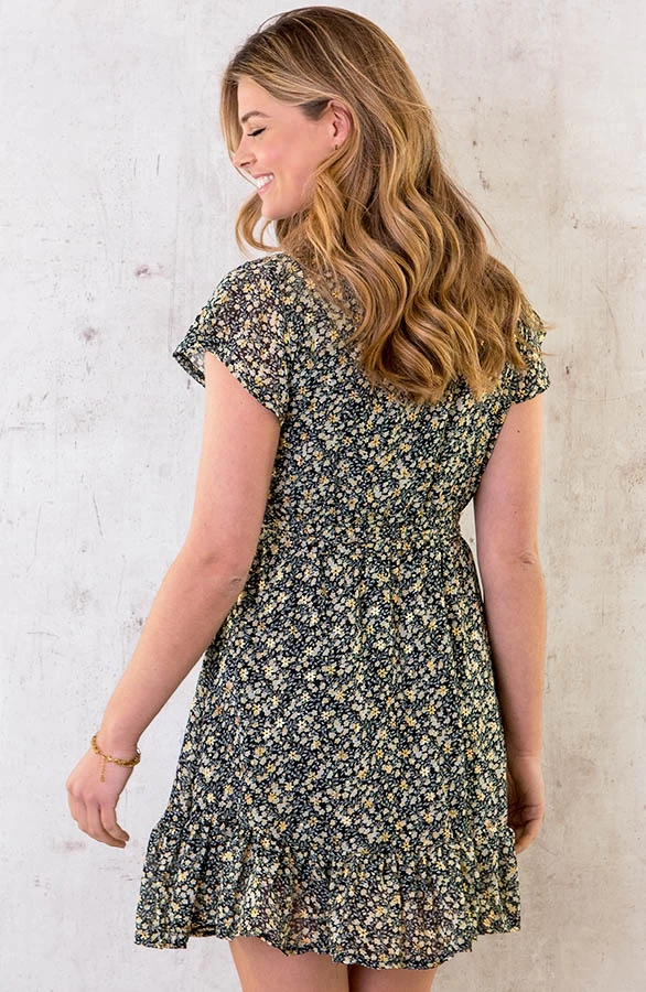 Ruffle Jurk Bloemen Geel 6 Ruffle Jurk Bloemen Geel - Afbeelding 4