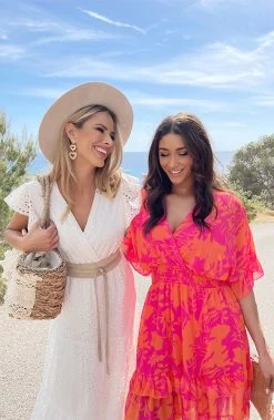 Ruffle Laagjes Jurk Print Fuchsia Oranje -Kleding Promotie Winkel Ruffle Laagjes Jurk Print Fuchsia Oranje 3 586x900 1