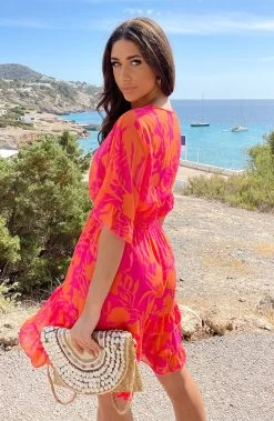 Ruffle Laagjes Jurk Print Fuchsia Oranje -Kleding Promotie Winkel Ruffle Laagjes Jurk Print Fuchsia Oranje 5 586x900 1