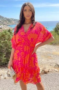 Ruffle Laagjes Jurk Print Fuchsia Oranje