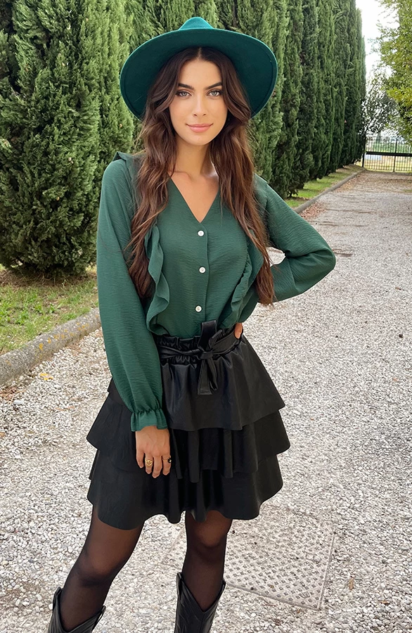 Ruffle V-hals Blouse Smaragd 9 Ruffle V-hals Blouse Smaragd - Afbeelding 7