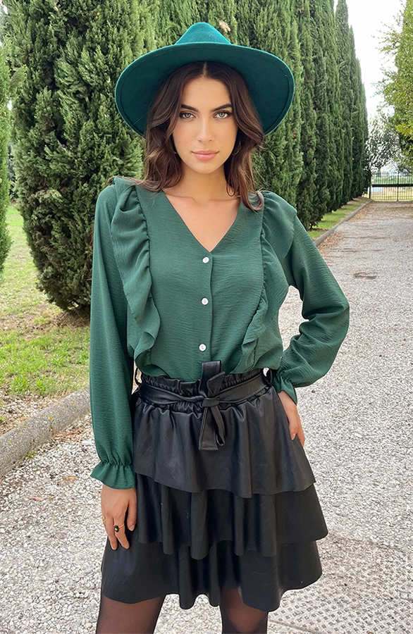 Ruffle V-hals Blouse Smaragd 3 Ruffle V-hals Blouse Smaragd