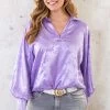Satijnen V-Hals Blouse Flower Lila