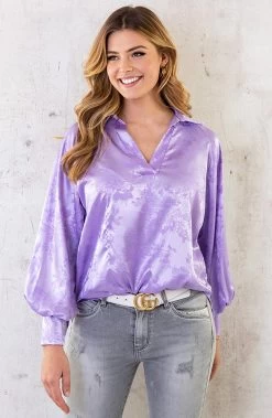 Satijnen V-Hals Blouse Flower Lila