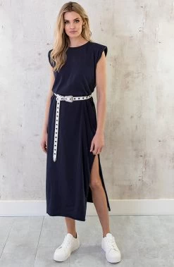 Schoudervulling Maxi Split Jurk Marine -Kleding Promotie Winkel Schoudervulling Maxi Jurk Marine 1 586x900 1