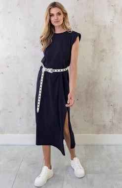 Schoudervulling Maxi Split Jurk Marine -Kleding Promotie Winkel Schoudervulling Maxi Jurk Marine 3 586x900 1