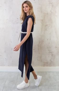 Schoudervulling Maxi Split Jurk Marine -Kleding Promotie Winkel Schoudervulling Maxi Jurk Marine 6 586x900 1