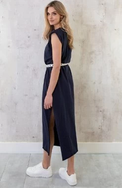 Schoudervulling Maxi Split Jurk Marine -Kleding Promotie Winkel Schoudervulling Maxi Jurk Marine 7 586x900 1
