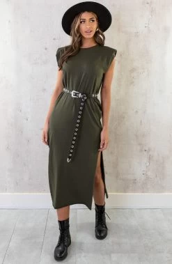 Schoudervulling Maxi Split Jurk Army -Kleding Promotie Winkel Schoudervulling Maxi Split Jurk Army 2 586x900 2