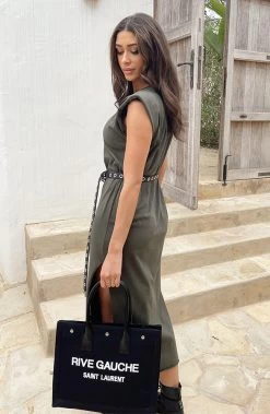 Schoudervulling Maxi Split Jurk Army -Kleding Promotie Winkel Schoudervulling Maxi Split Jurk Army 4 586x900 1