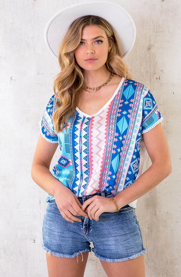 Silk Top Aztec Print Kobalt 4 Silk Top Aztec Print Kobalt - Afbeelding 2