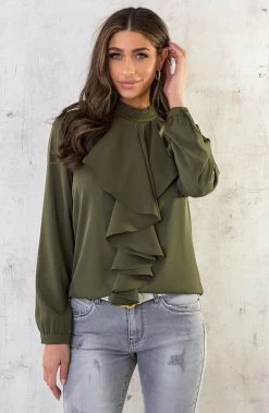 Silky Ruffle Kraag Blouse Army -Kleding Promotie Winkel Silky Ruffle Kraag Blouse Army 3 586x900 1