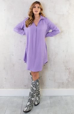 Hoge Laarzen Met Slangenprint 6 Hoge Laarzen Met Slangenprint -Kleding Promotie Winkel Smocked Blouse Dress Lila 4 586x900 1