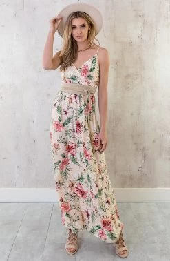 Spaghetti Maxi Jurk Bloemen Palm Beige -Kleding Promotie Winkel Spaghetti Maxi Jurk Bloemen Palm Beige 2 586x900 1
