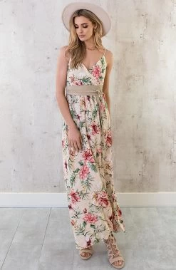 Spaghetti Maxi Jurk Bloemen Palm Beige -Kleding Promotie Winkel Spaghetti Maxi Jurk Bloemen Palm Beige 3 586x900 1