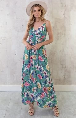 Spaghetti Maxi Jurk Bloemen Palm Mint -Kleding Promotie Winkel Spaghetti Maxi Jurk Bloemen Palm Mint 3 586x900 1
