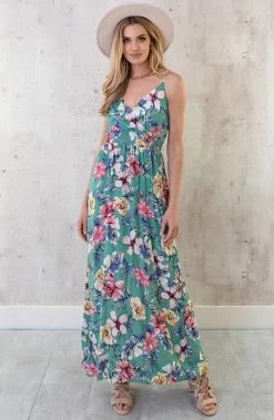 Spaghetti Maxi Jurk Bloemen Palm Mint -Kleding Promotie Winkel Spaghetti Maxi Jurk Bloemen Palm Mint 4 586x900 1