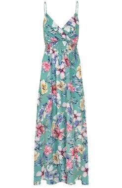 Spaghetti Maxi Jurk Bloemen Palm Mint -Kleding Promotie Winkel Spaghetti Maxi Jurk Bloemen Palm Mint 586x900 1