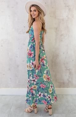 Spaghetti Maxi Jurk Bloemen Palm Mint -Kleding Promotie Winkel Spaghetti Maxi Jurk Bloemen Palm Mint 6 586x900 1