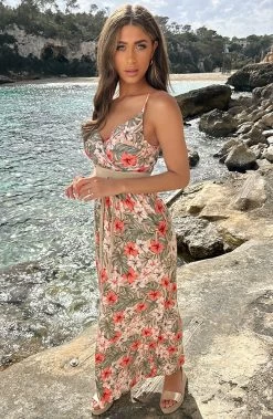 Spaghetti Maxi Jurk Bloemen Sand Koraal -Kleding Promotie Winkel Spaghetti Maxi Jurk Bloemen Sand Koraal 4 586x900 1