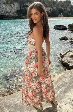 Spaghetti Maxi Jurk Bloemen Sand Koraal -Kleding Promotie Winkel Spaghetti Maxi Jurk Bloemen Sand Koraal 6 586x900 1