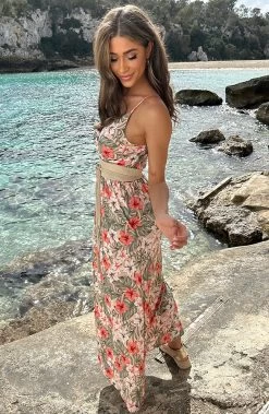 Spaghetti Maxi Jurk Bloemen Sand Koraal -Kleding Promotie Winkel Spaghetti Maxi Jurk Bloemen Sand Koraal 7 586x900 1