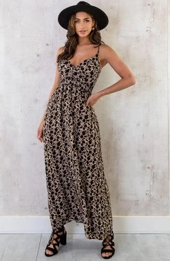 Spaghetti Maxi Jurk Print Camel Zwart -Kleding Promotie Winkel Spaghetti Maxi Jurk Print Camel Zwart 5 586x900 1