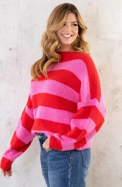 Strepen Trui Gebreid Roze Rood -Kleding Promotie Winkel Strepen Trui Gebreid Roze Rood 1 586x900 1