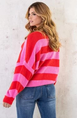 Strepen Trui Gebreid Roze Rood -Kleding Promotie Winkel Strepen Trui Gebreid Roze Rood 2 586x900 1