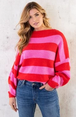 Strepen Trui Gebreid Roze Rood