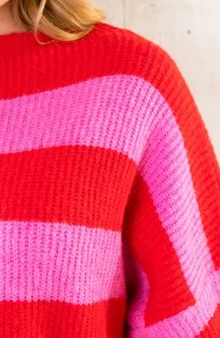 Strepen Trui Gebreid Roze Rood -Kleding Promotie Winkel Strepen Trui Gebreid Roze Rood 586x900 1