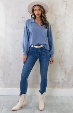 V-Hals Dots Blouse Jeansblauw -Kleding Promotie Winkel V Hals Dots Blouse Jeansblauw 5 586x900 1