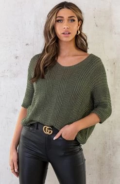 V-Hals Gehaakte Lurex Trui Army