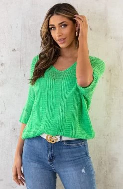 V-Hals Gehaakte Lurex Trui Bright Green -Kleding Promotie Winkel V Hals Gehaakte Lurex Trui Bright Green 4 586x900 1
