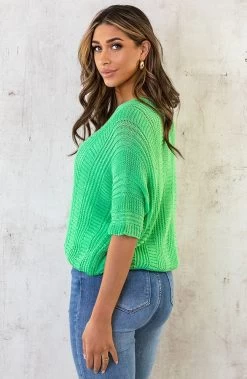 V-Hals Gehaakte Lurex Trui Bright Green -Kleding Promotie Winkel V Hals Gehaakte Lurex Trui Bright Green 7 586x900 1