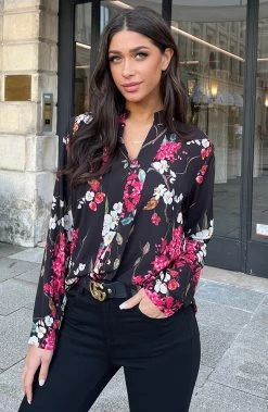 V-hals Bloemen Blouse Zwart -Kleding Promotie Winkel V hals Bloemen Blouse Zwart 4 586x900 1