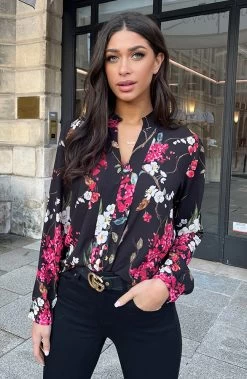 V-hals Bloemen Blouse Zwart