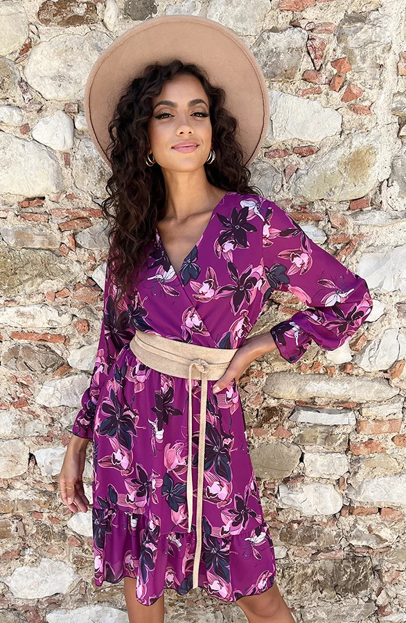 V-hals Jurk Paris Bloemen Magenta 4 V-hals Jurk Paris Bloemen Magenta - Afbeelding 2